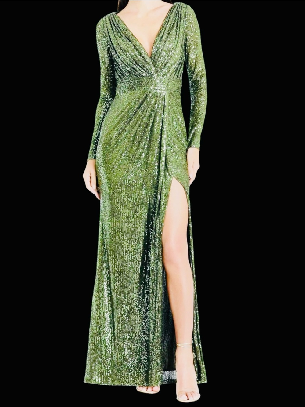 Mac Duggal 26490 Green Sequined Long Sleeve Gown High Slit NWT
